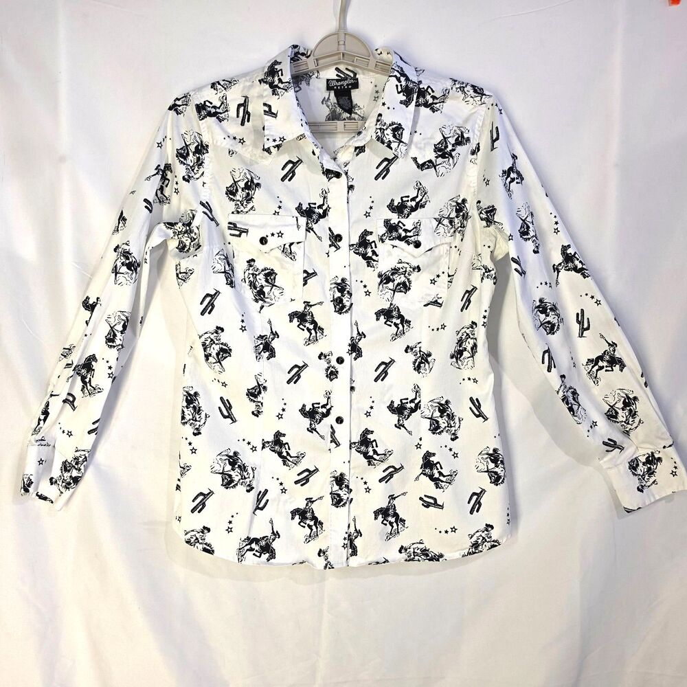 Wrangler Retro Rodeo Cowgirl Cactus Pearl Snap Western Shirt White Womens L